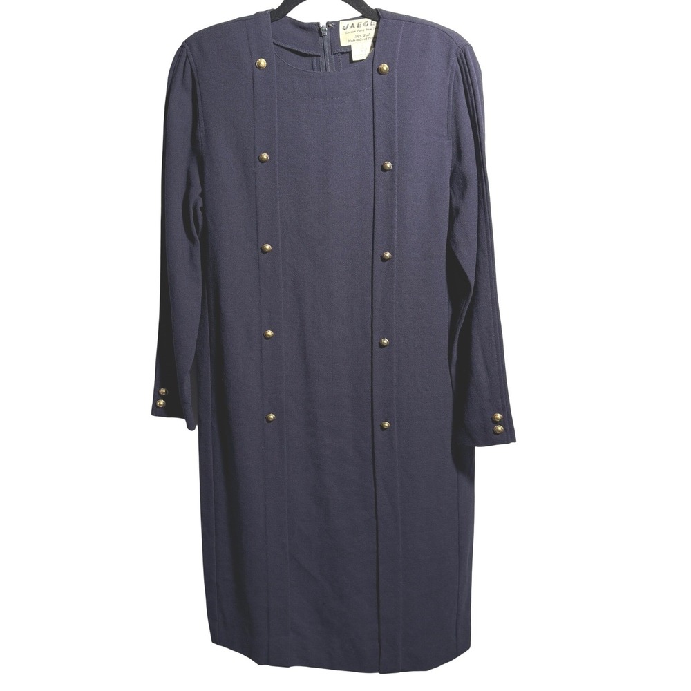 VTG 80s Navy Blue Wool Dress Gold Buttons Nautical Glamoratti‎ Vintage 8 Preppy